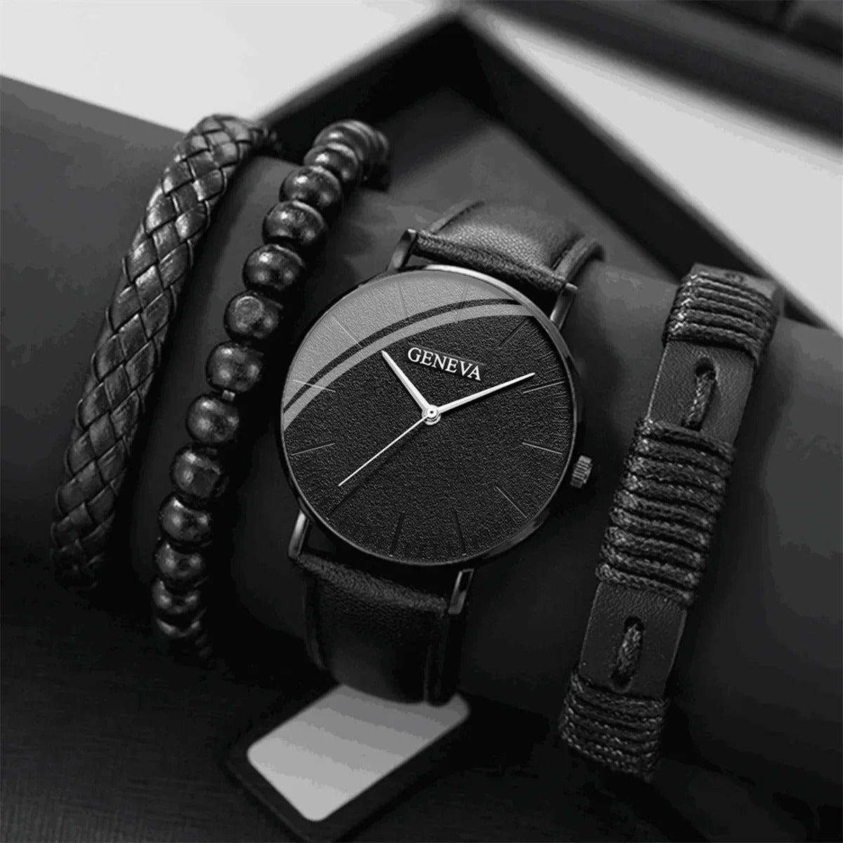 Kit de Elegancia Masculina: Reloj Geneva + Pulseras de Cuero
