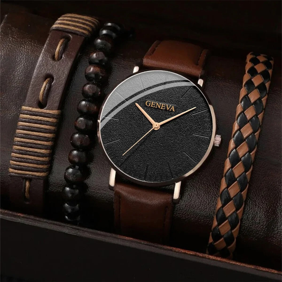 Kit de Elegancia Masculina: Reloj Geneva + Pulseras de Cuero