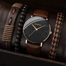 Kit de Elegancia Masculina: Reloj Geneva + Pulseras de Cuero