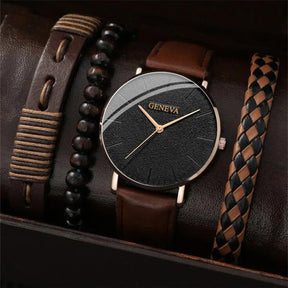 Kit de Elegancia Masculina: Reloj Geneva + Pulseras de Cuero
